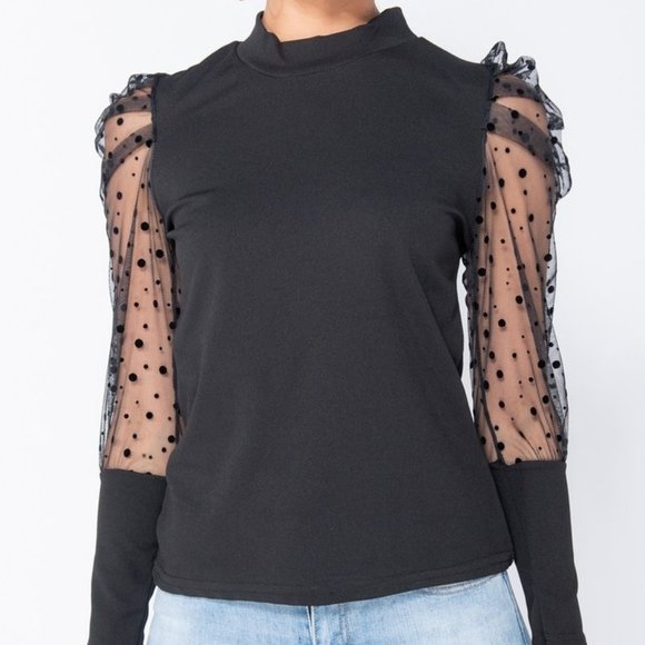 Black Long Mesh Polka Dot Sleeve High Neck Top - Picture 3 of 6